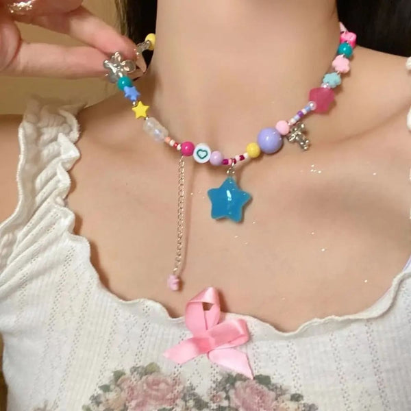 Dopamine Girl Resin Beading Star Heart Necklaces Y2K Colorful Sweet Cool Girl Candy Color Choker Clavicle Chain Jewelry